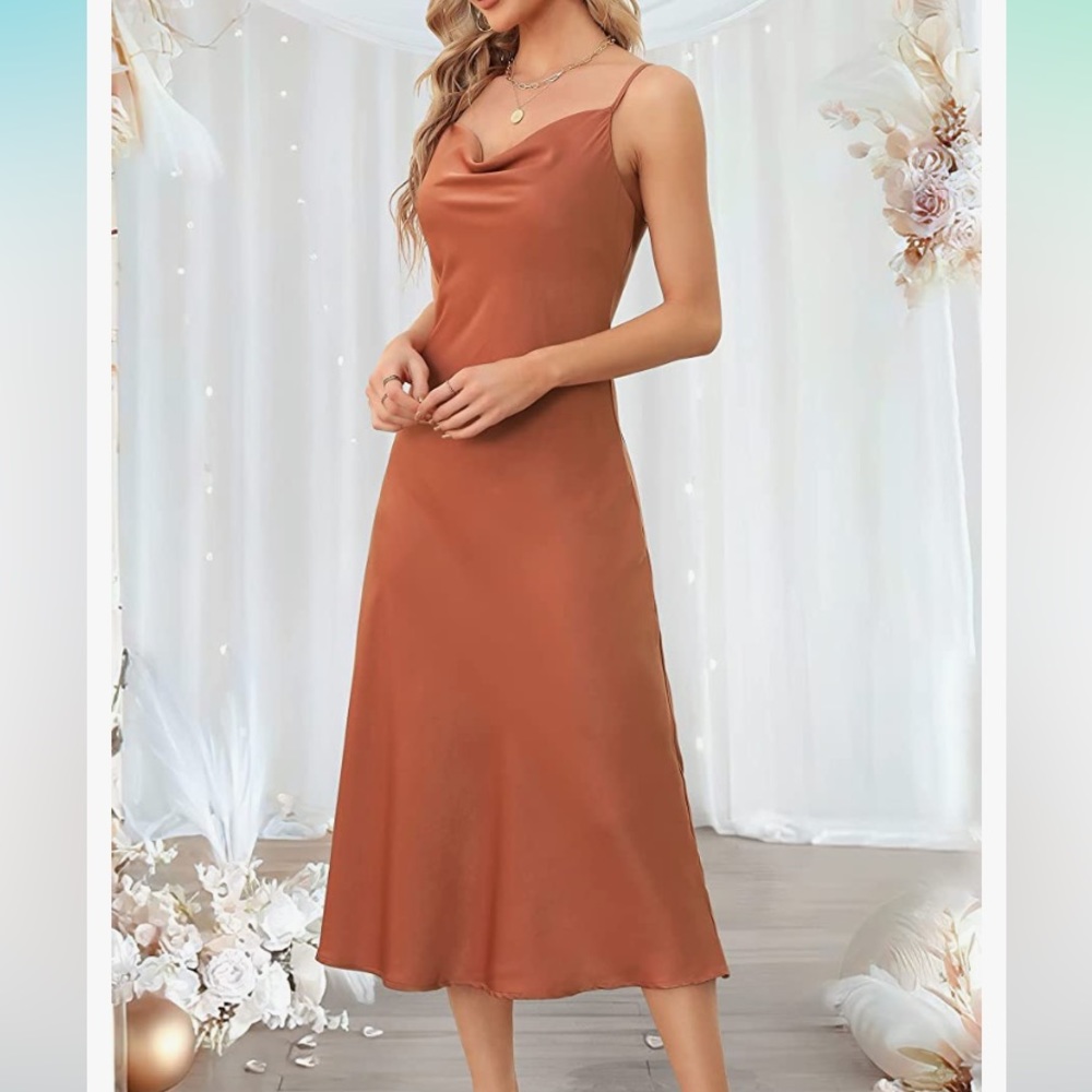 NWT THANTH spaghetti straps, cinnamon, satin, midi dress . size S